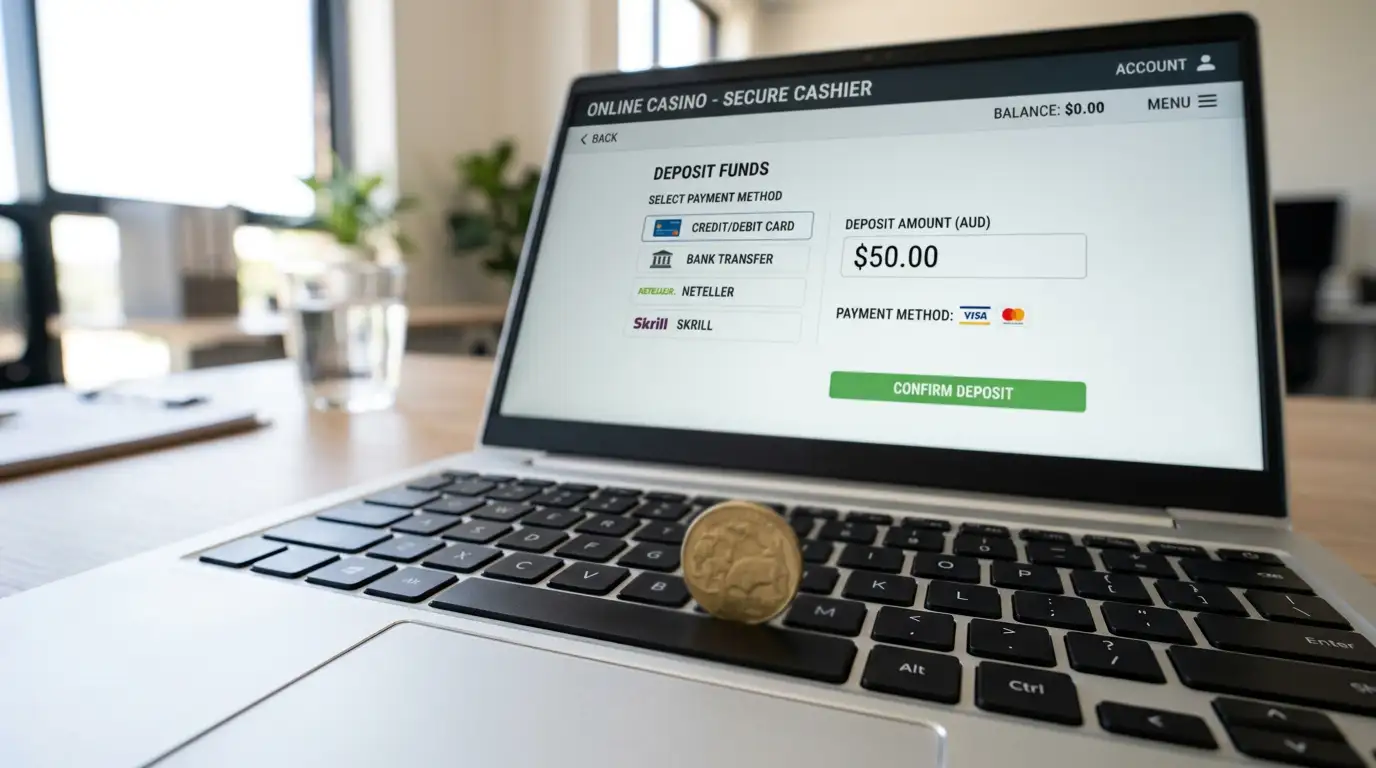 Australian dollar coin on a laptop keyboard with online casino cashier interface visible on screen