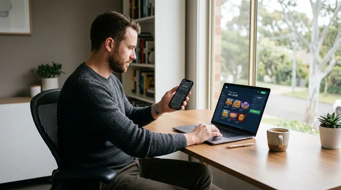 Australian player depositing twenty dollars at online casino via smartphone and laptop