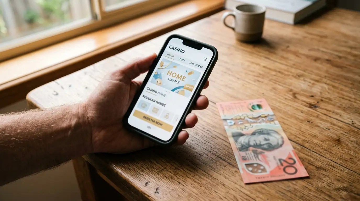 Australian player checking offshore casino options on smartphone with $20 note nearby
