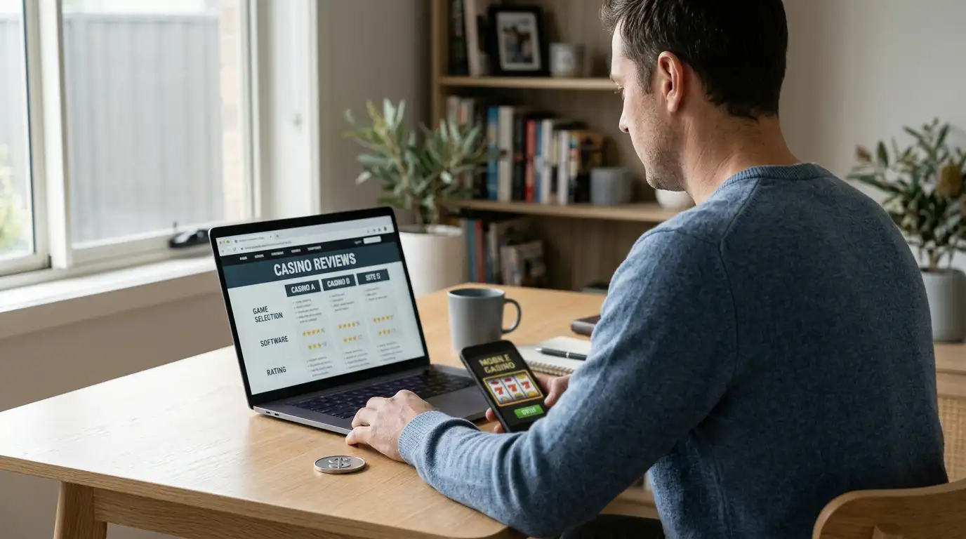 Australian player testing $5 casino deposits with smartphone and laptop