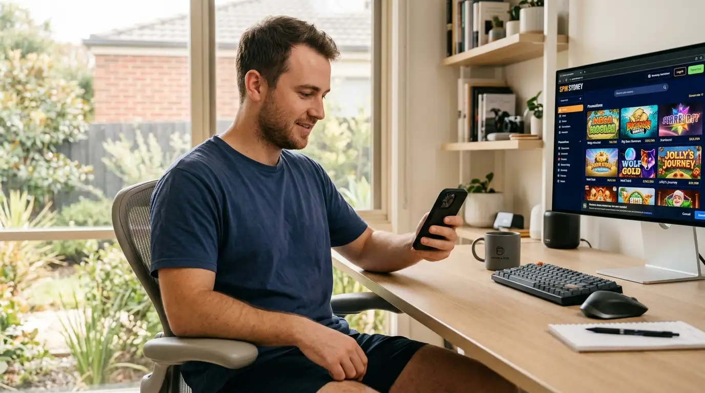 Australian player testing $5 deposit on mobile phone with pokies lobby visible