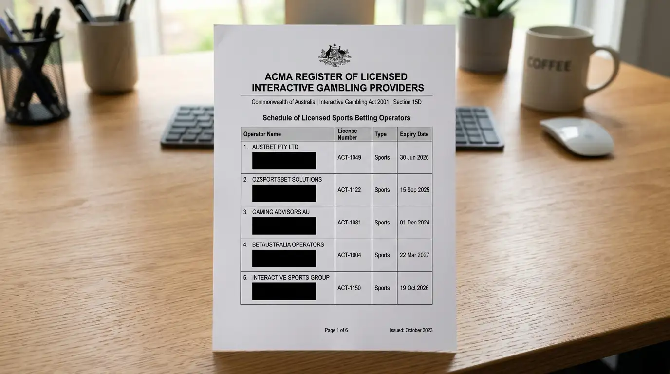 ACMA register document showing only sports wagering operators with no online casinos listed
