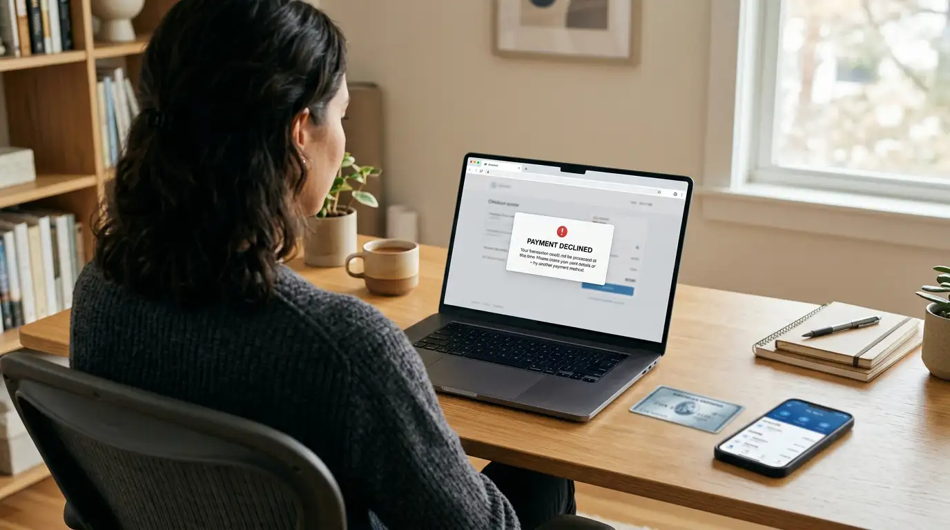 Person at desk with declined payment notification on laptop screen next to American Express card