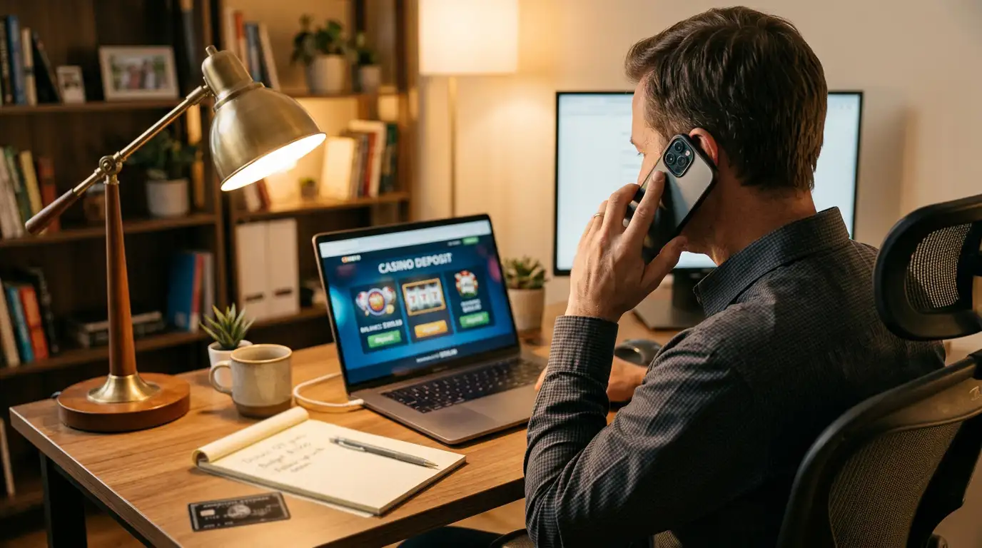 Person on phone with bank representative while laptop shows casino deposit page