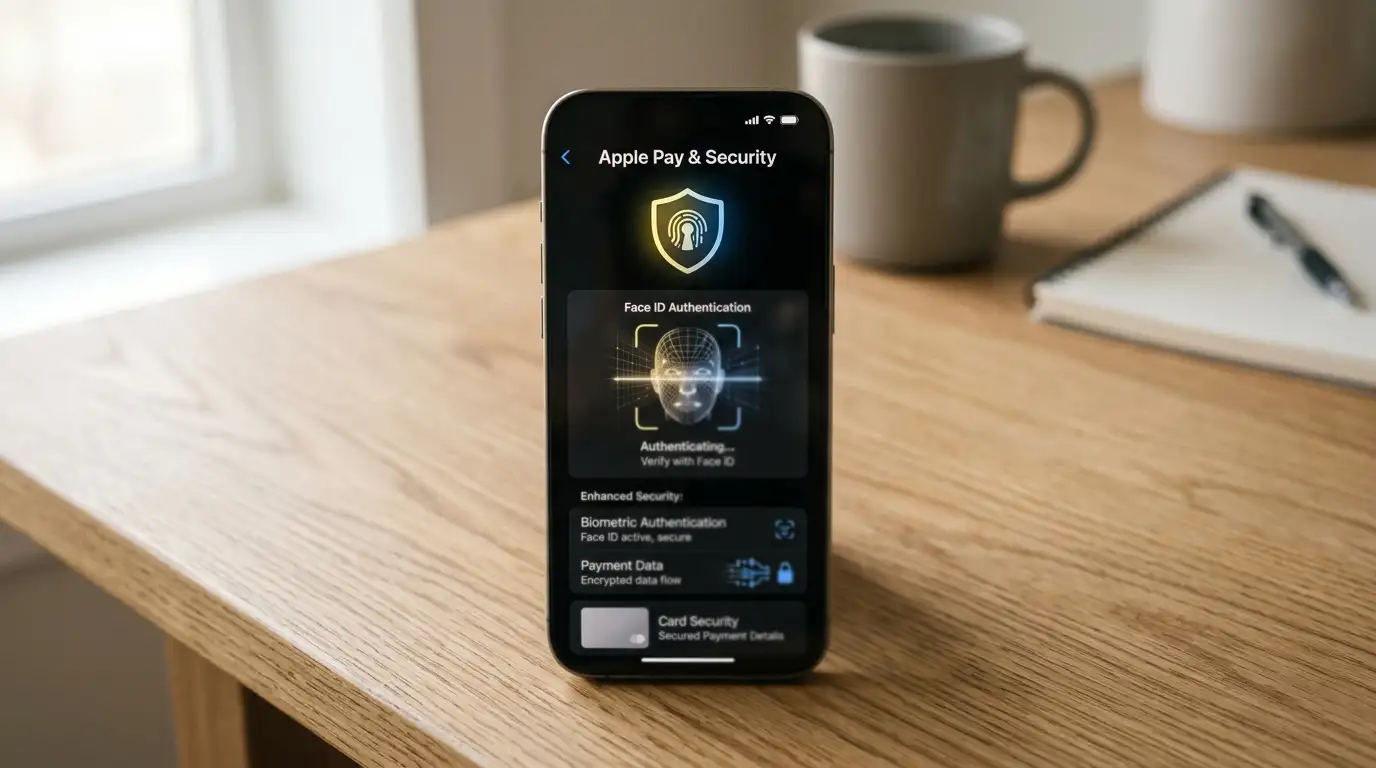 iPhone showing Apple Pay security features including Face ID and tokenization