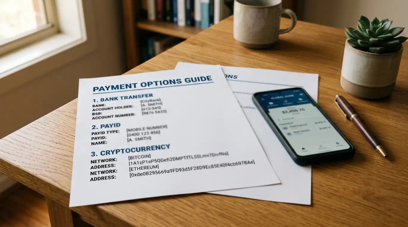 Withdrawal methods comparison showing bank transfer PayID and crypto options