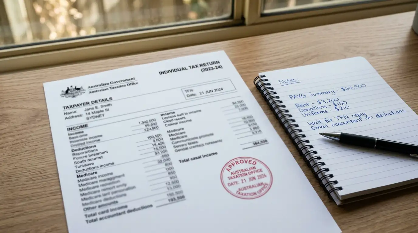 Tax documents and calculator showing Australian capital gains tax calculations