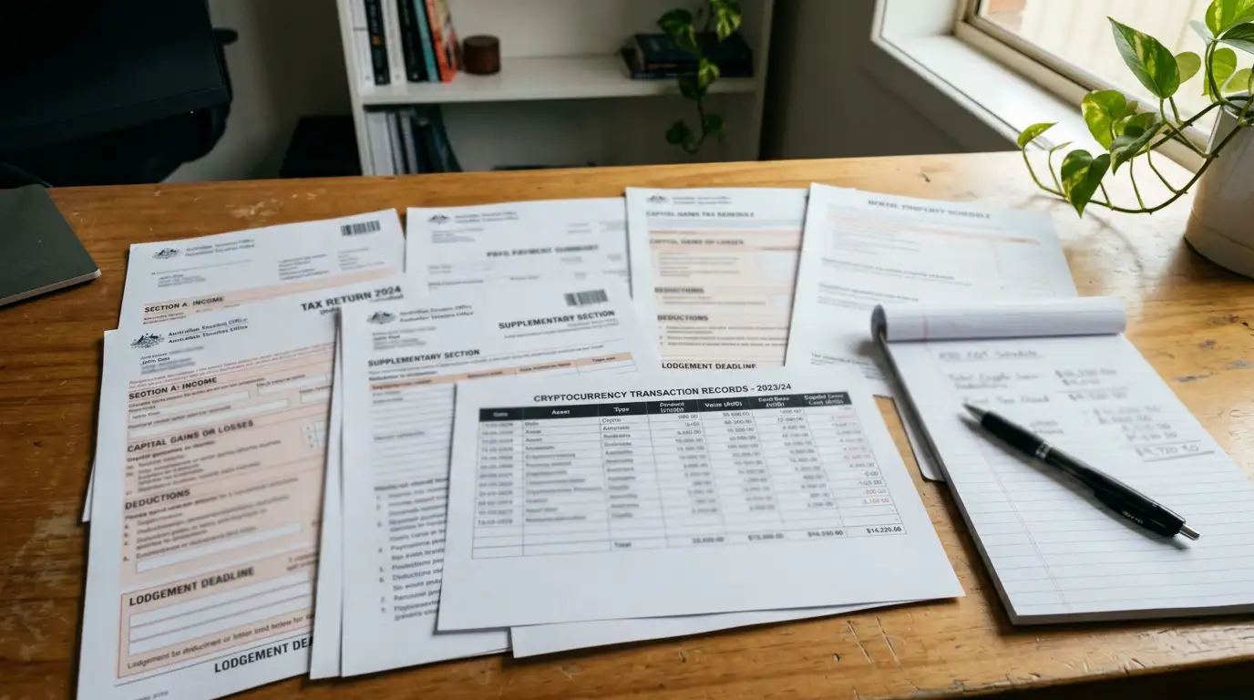 Australian tax documents with calculator and cryptocurrency transaction records
