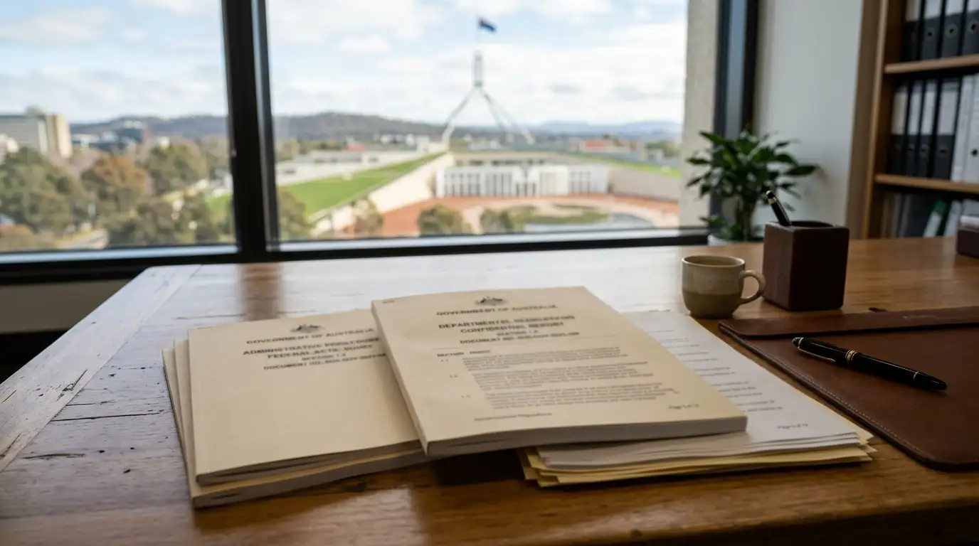 Official government documents on desk with Australian Parliament House in background