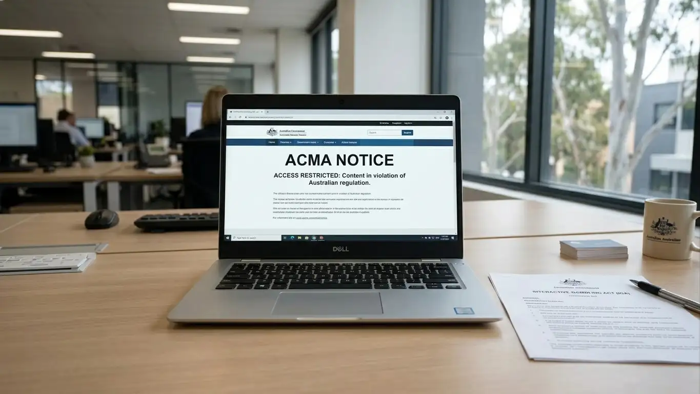 ACMA website blocking notice and Interactive Gambling Act document showing Australian casino regulation status
