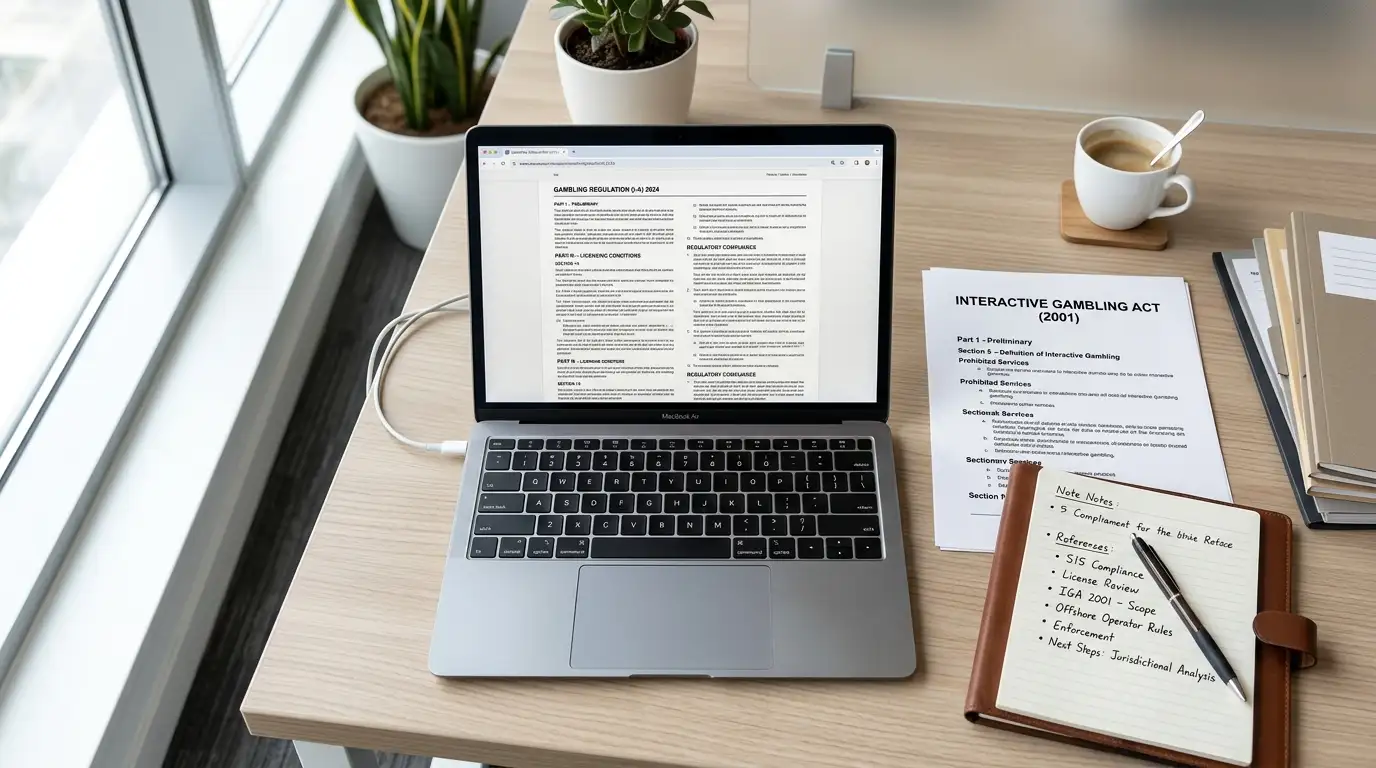 Clean desk with laptop displaying legal document about Australian Interactive Gambling Act and offshore casino regulatory status