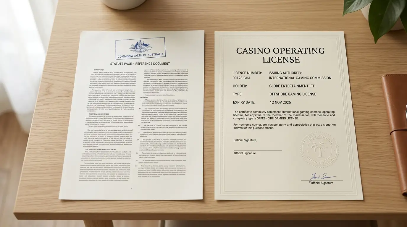 Official Australian regulatory document and offshore casino license certificate on desk