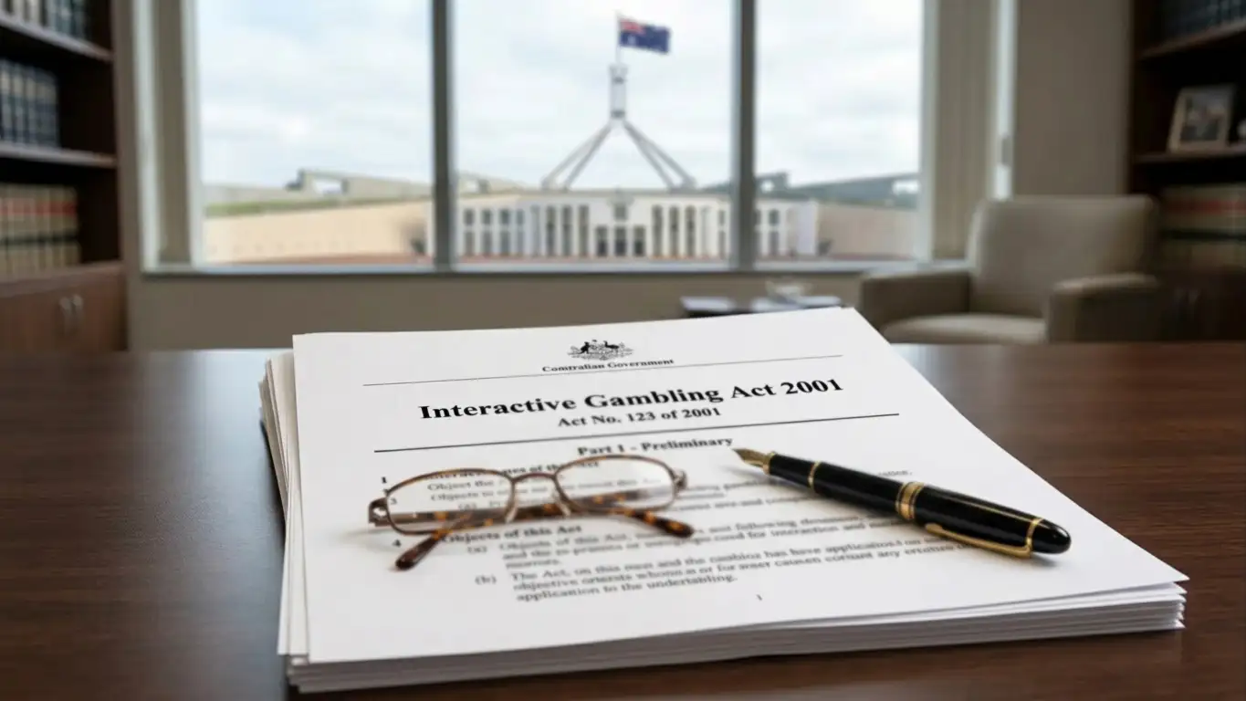 Legal document showing Interactive Gambling Act 2001 header with Australian government building in background