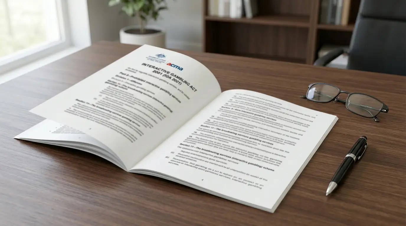 Australian government regulatory document with IGA 2001 text and ACMA logo on desk