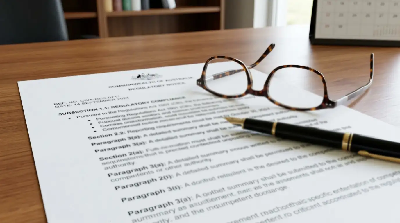 Legal document on desk showing regulatory text with government formatting and reading glasses