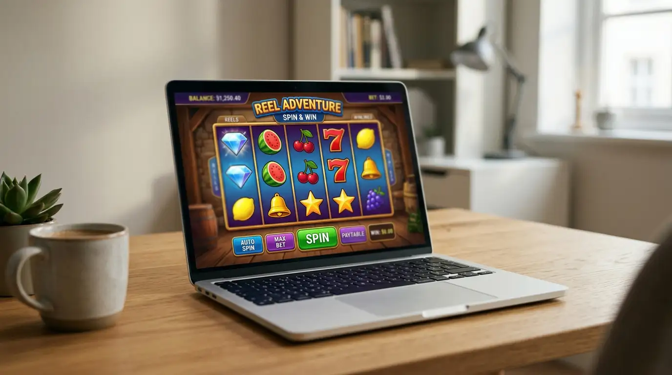 Modern online pokies game screen with generic slot reels and payment interface