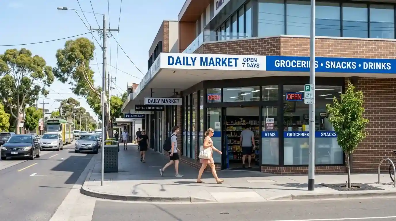 Australian urban street scene with modern convenience store frontage in commercial district