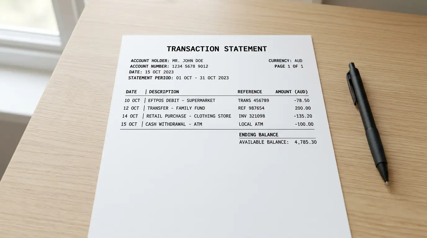 Document showing bank transfer transaction from Australian account to casino merchant