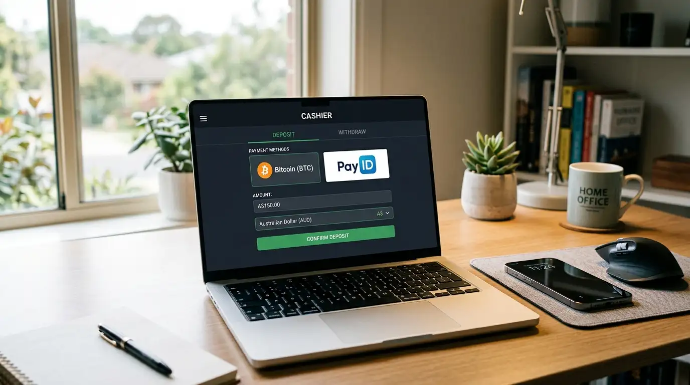 Fast payout online casino Australia withdrawal on laptop with Bitcoin and PayID symbols