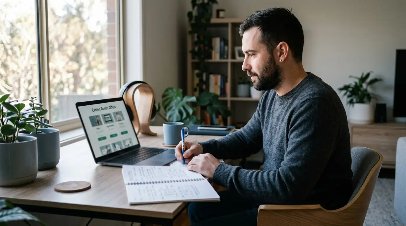 Australian player reviewing first deposit bonus offers on laptop with notepad