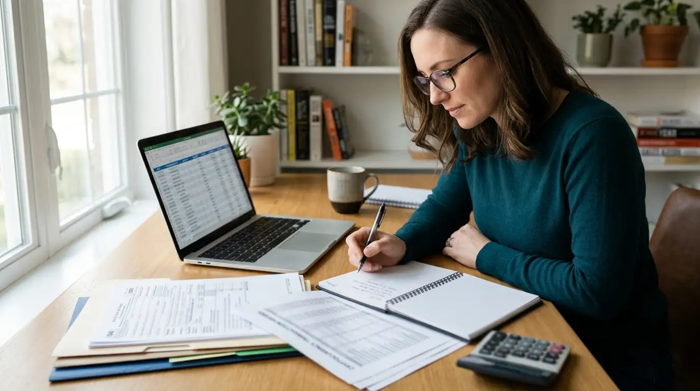 Person reviewing tax documents and cryptocurrency transaction records at desk