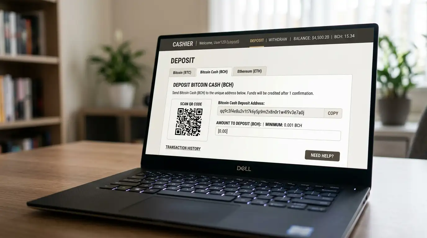 Laptop screen displaying cryptocurrency casino cashier with Bitcoin Cash deposit address