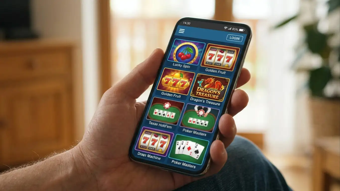 Mobile phone displaying poker and slot games in crypto casino app interface