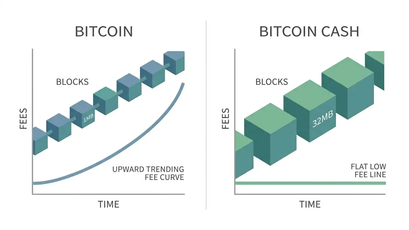 Clean diagram comparing Bitcoin and Bitcoin Cash transaction fees and speeds