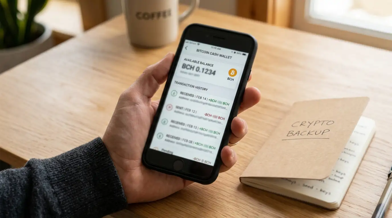 Smartphone with cryptocurrency wallet app showing Bitcoin Cash balance and transaction history
