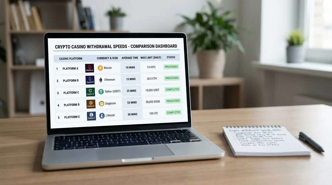 Comparison dashboard showing Bitcoin casino withdrawal speeds and supported cryptocurrencies