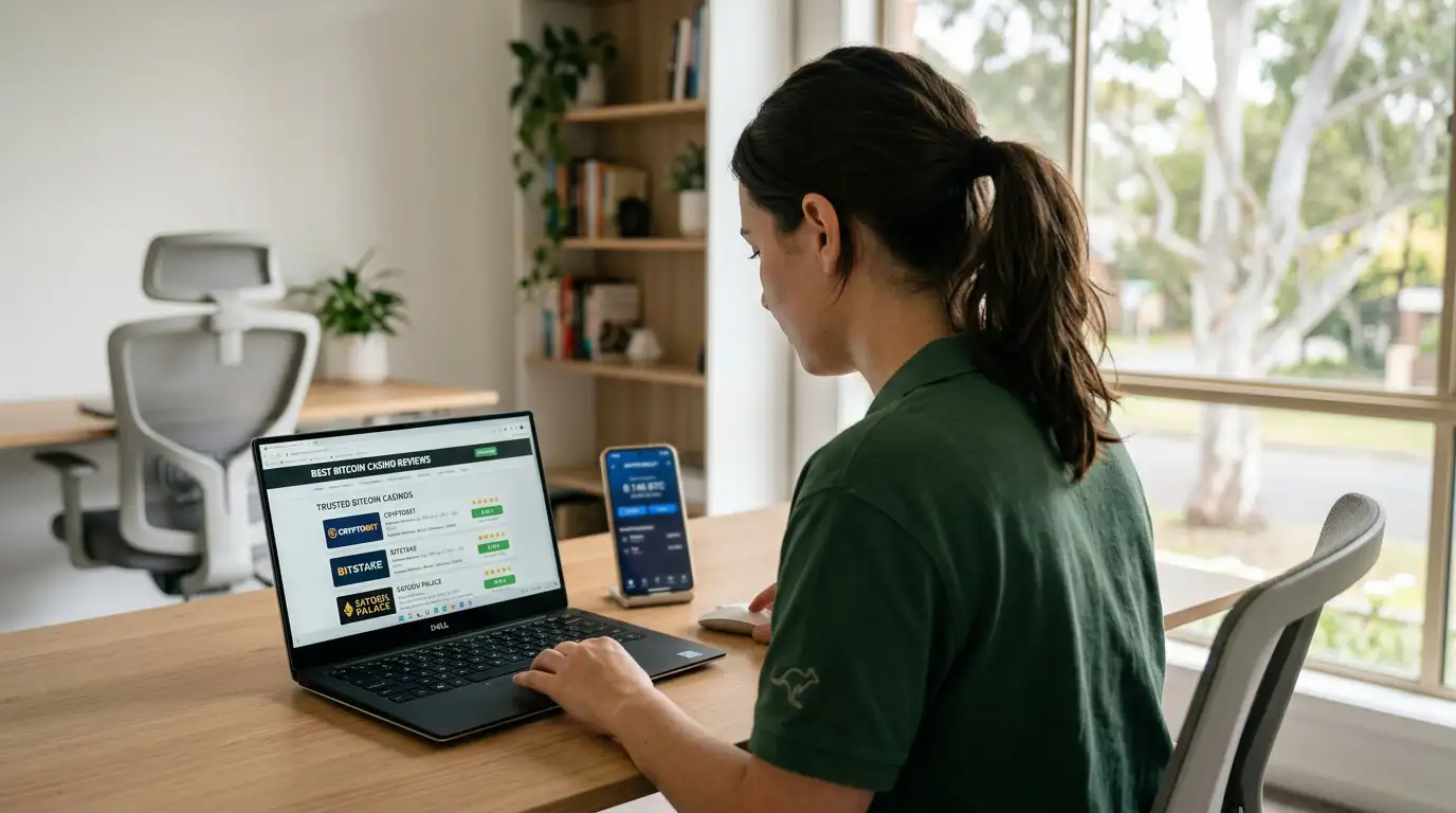 Australian player reviewing Bitcoin casino options on laptop with cryptocurrency wallet interface
