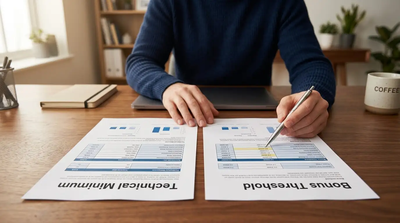 Person comparing two documents showing technical minimum versus bonus threshold