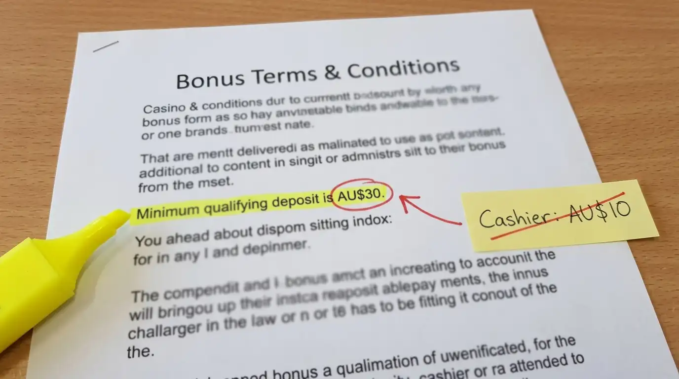 Document showing deposit minimum versus bonus qualifying minimum with highlighted discrepancy