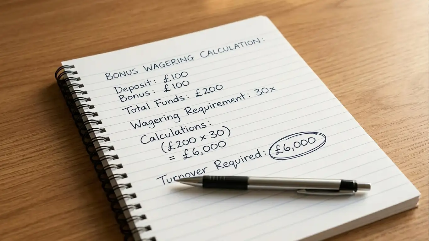 Notepad with bonus wagering calculation showing turnover requirements