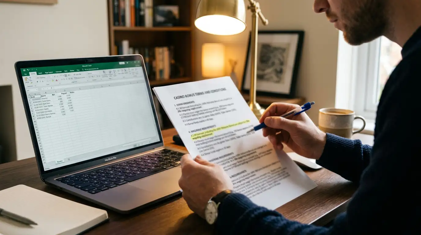 Person reviewing casino bonus terms document with highlighted wagering requirements section