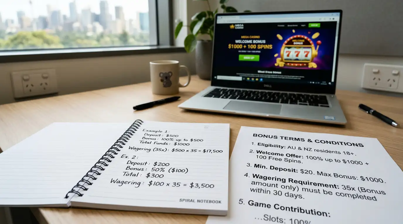 Casino bonus terms document showing wagering requirements and withdrawal restrictions