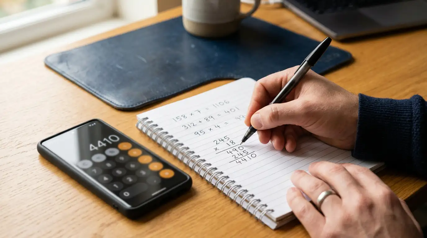 Calculator and notepad showing wagering requirement calculations for casino bonuses