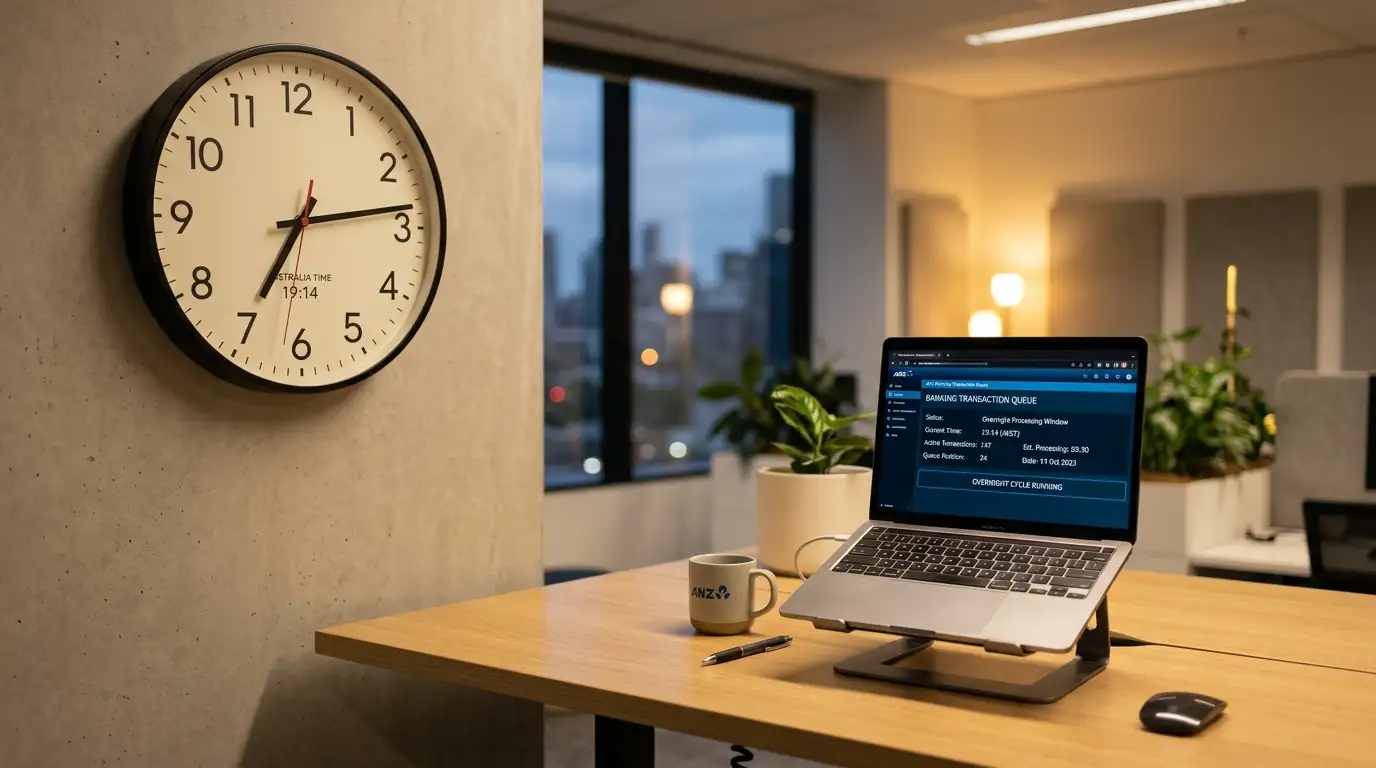 Clock and laptop showing overnight batch processing window