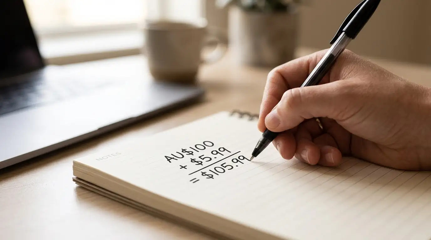 Hand calculating CashtoCode voucher fees on notepad