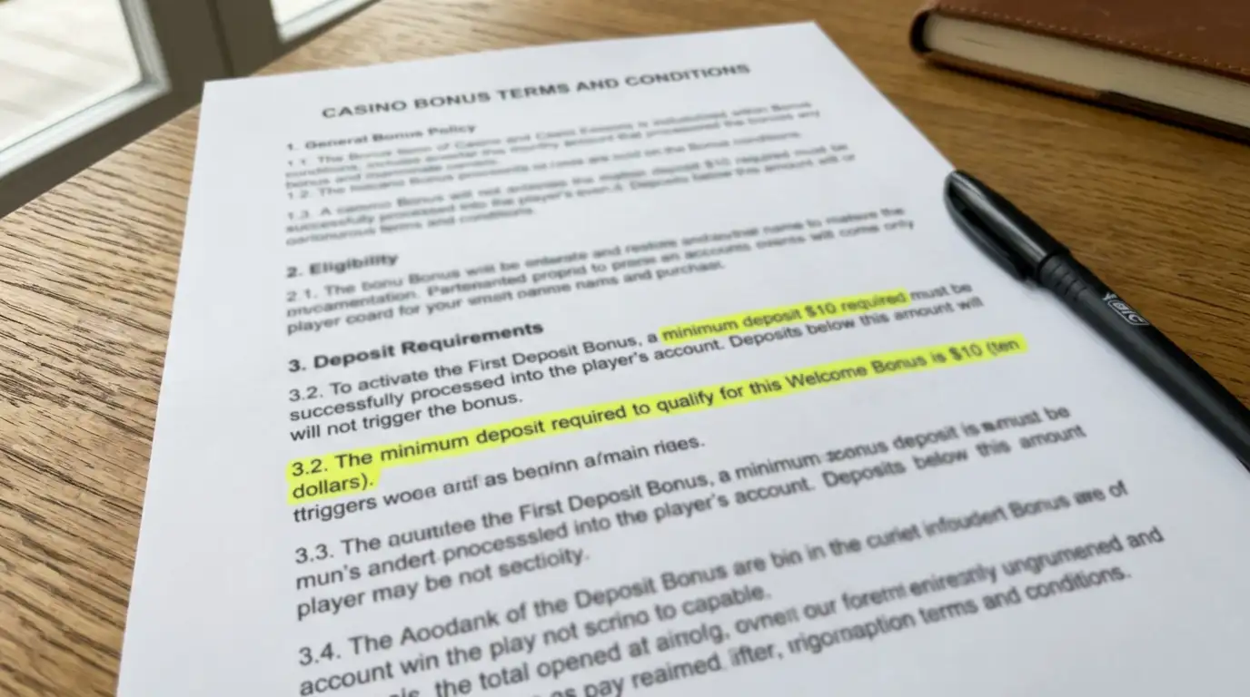 Casino bonus terms document showing $10 minimum deposit requirement highlighted