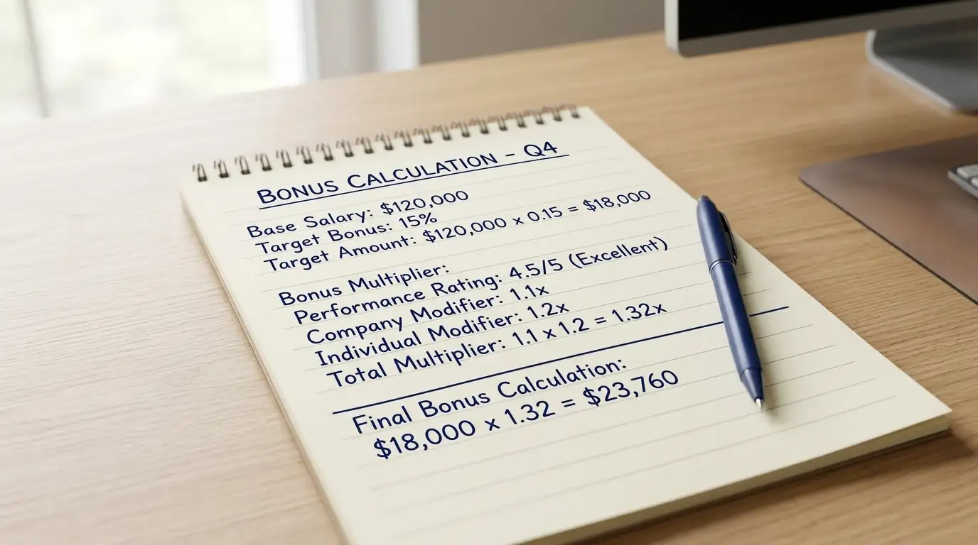 Notepad with handwritten calculation showing bonus amounts and multiplier figures