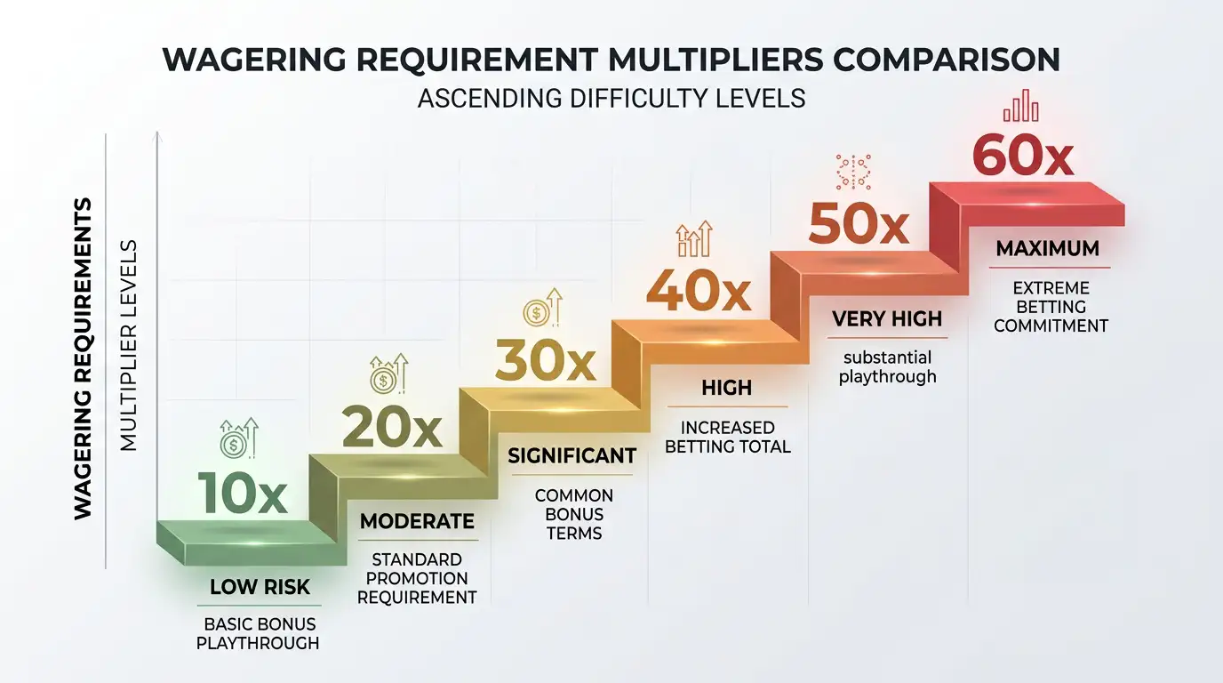 Casino bonus wagering requirements comparison chart showing rollover multipliers and withdrawal timelines