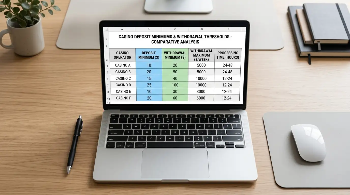 Desktop workspace showing casino comparison spreadsheet with deposit and withdrawal columns highlighted