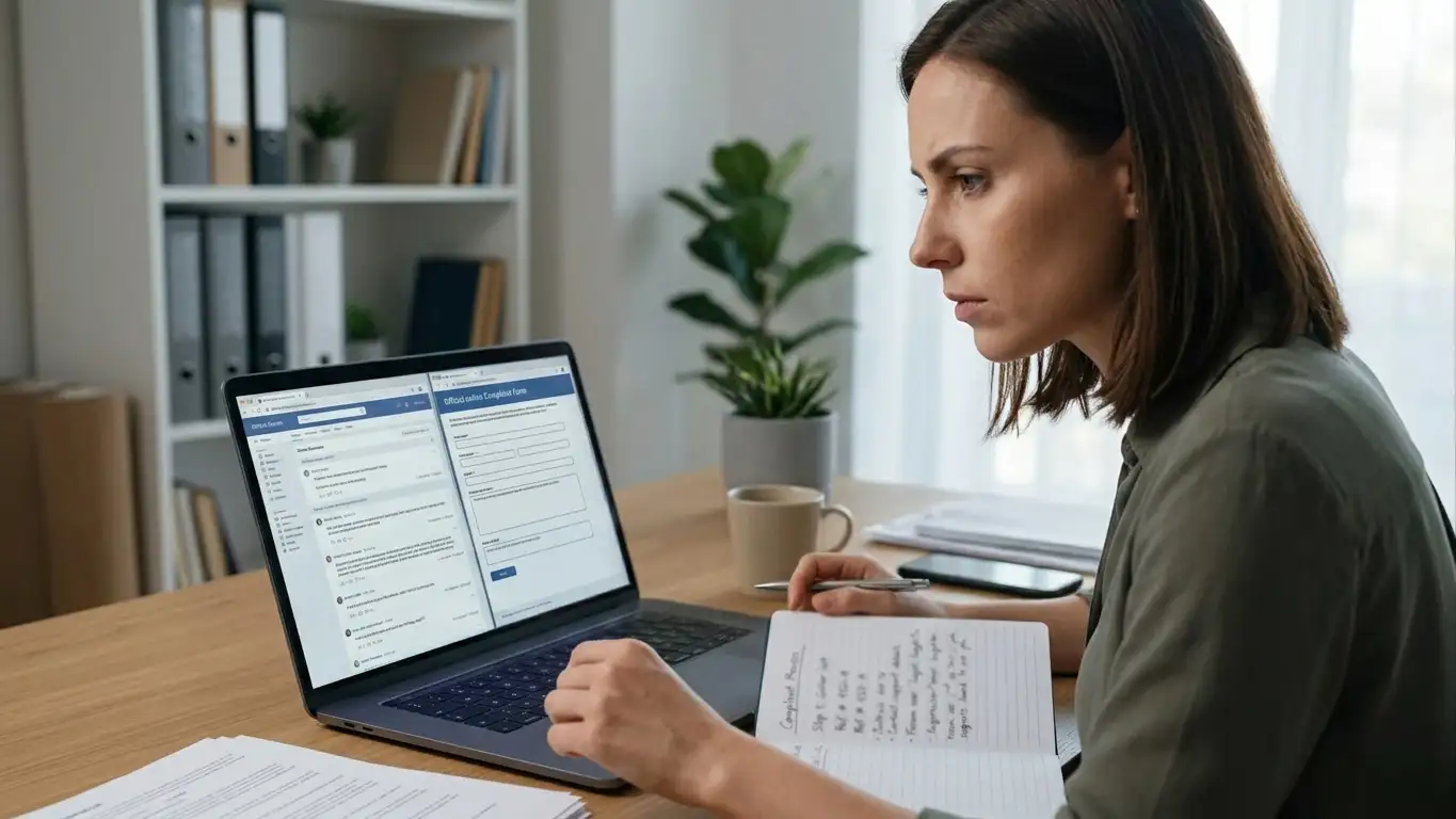 Person at computer researching casino complaint forums and licensing authority websites