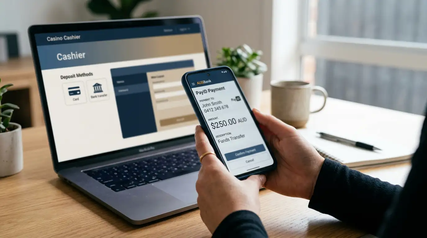 Australian casino player using OSKO PayID instant bank transfer on smartphone