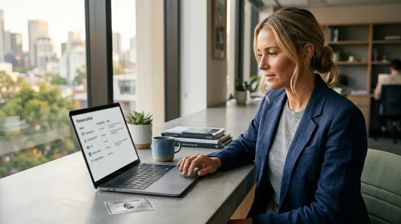 Australian player reviewing offshore casino payment options on laptop with American Express card
