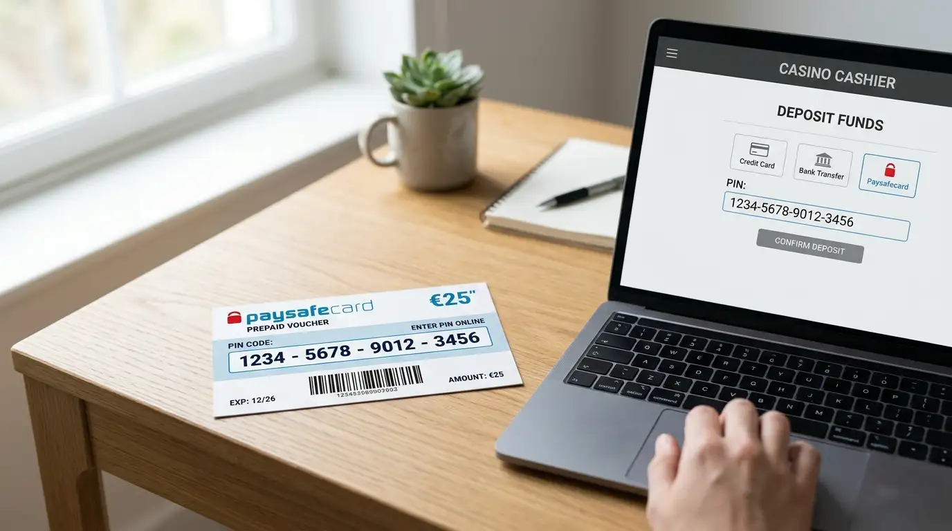 Paysafecard prepaid voucher with PIN code on desk next to laptop showing casino cashier