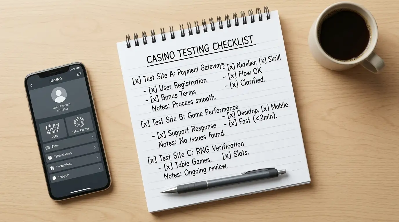 Notepad with testing checklist showing verified casino names and payment method compatibility notes