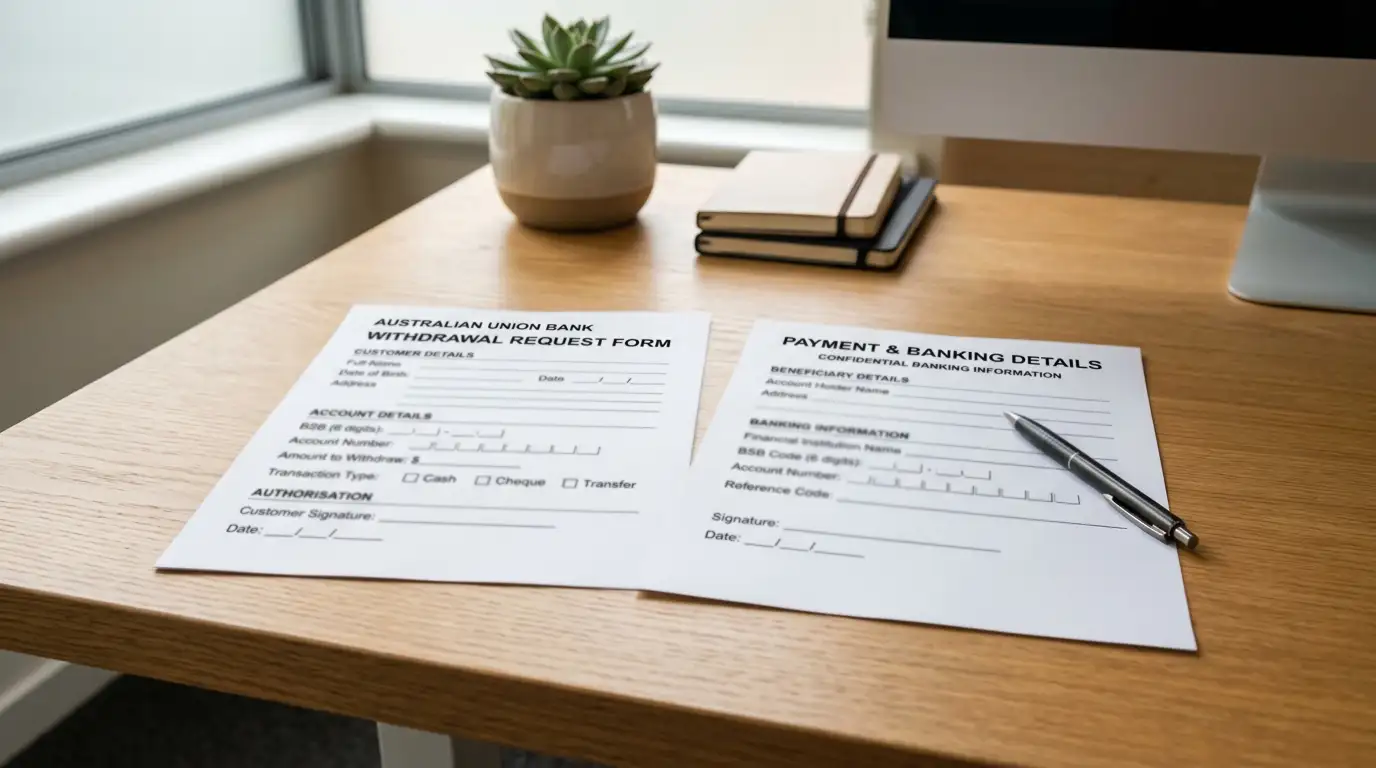 Clean desk with withdrawal request document and banking details form
