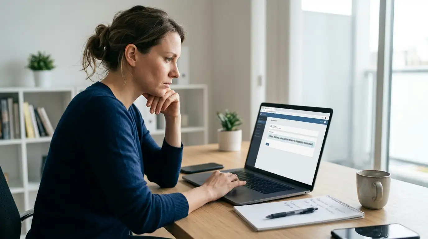 Person reviewing pending withdrawal status on laptop screen
